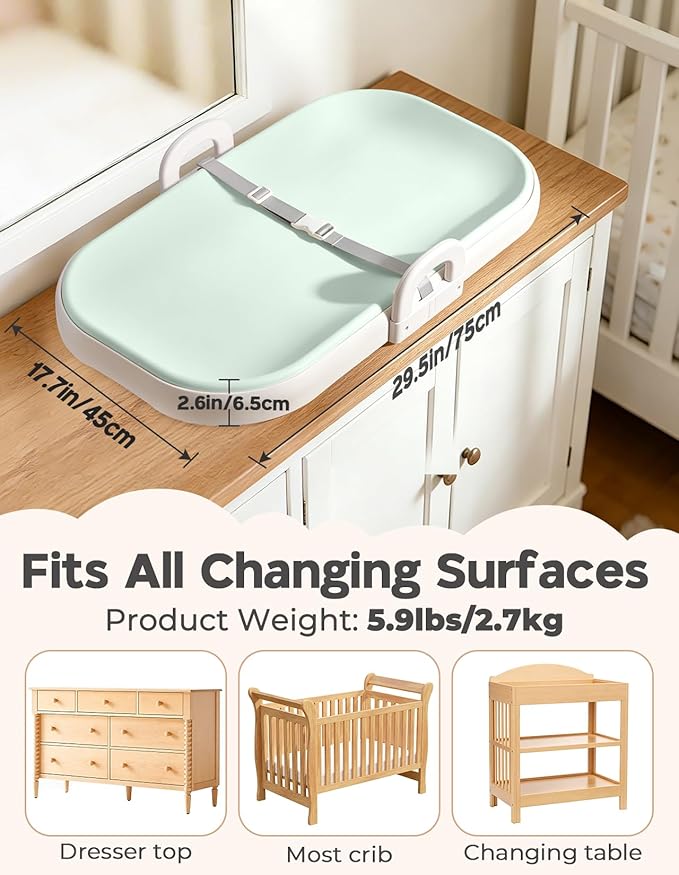 Xaproo Baby Changing Pad, Soft EVA Wipeable Diaper Changing Pad with Adjustable Crib Clips, Non-Slip Changing Table Pad with Safety Strap & Side Handles, Fits Cribs, Dressers & Changing Tables, Green