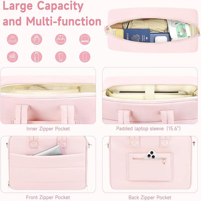 Breast Pump Bag with Insulated Breast Milk Cooler Pocket, Fits Spectra S1/S2 & Most Pumps, Water‑Resistant Work & Travel Tote with 15.6" Laptop Sleeve, Stroller Straps, Luggage Sleeve & Ice Pack, Pink