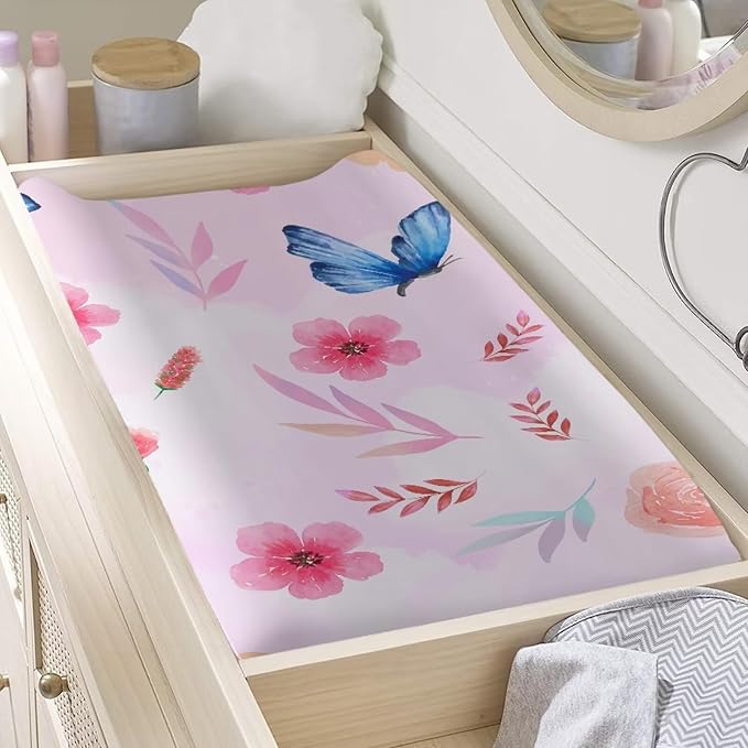 Butterfly Wild Floral Baby Diaper Changing Table Sheets Jersey Knit Breathable Changing Table Pad Cover for Infants Toddles 16 * 32 Inches