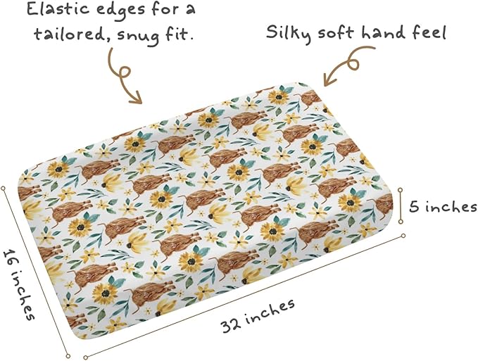 Changing Pad Cover for Baby Girls, 32"/34" x 16" Safe Snug Diaper Change Table Pad Covers, Soft Stretchy Changing Pad Sheets Highland Cow Sunflower Theme Nursery Decor