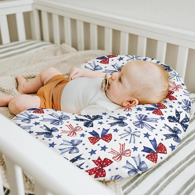 Red White & Blue Bows Nursing Pillow Covers for Boy Girl Patriotic Ribbons Stars Nursing Slipcovers for Breastfeeding Pillows Cute 4th of July Party Soft Stretchy Removable Cover for Newborn Infant