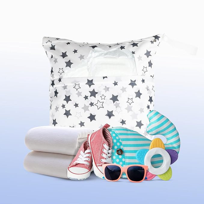 Frienda 4 Pieces Cloth Diaper Wet Dry Bag, Waterproof Reusable Washable Bag for Baby Items and Travel Zippered Pockets with Handle, Beach, Swimsuit, Dirty Gym Clothes and Toiletries(Geometric)