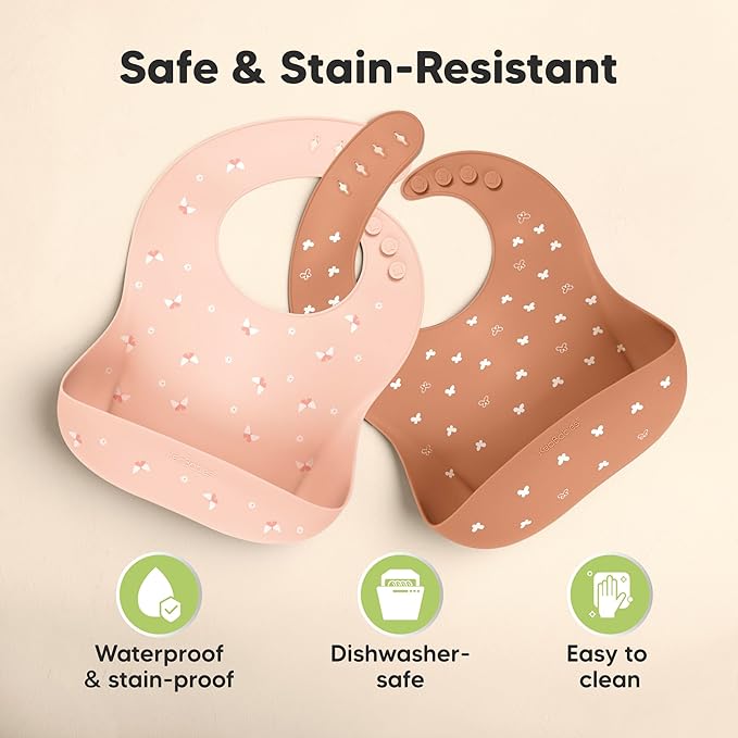 KeaBabies 2-Pack Silicone Bibs for Babies, Toddlers Girl, Boy – Sturdy Food-Grade Baby Bibs for Eating, Large Food Catcher, Clean & Put On Easily, Waterproof Toddler Feeding Essentials (Butterflies)