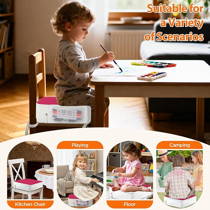 Booster Seat for Kitchen Chair, 3.8" Toddler Booster Seats for Dining Table with Ties, PU Dining Booster Seat with Side Pockets, Non-Slip & Removable Booster Seat for Table Increasing Cushion (Pink)