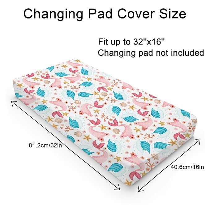 Colorful Nautical Life Changing Pad Cover Mermaid Starfish Conch Coral Wave Baby Change Table Pad Cover for Boy Girl Sea Ocean Marine Animal Soft Stretchy Fitted Diaper Changing Mat Sheets 32''x16''