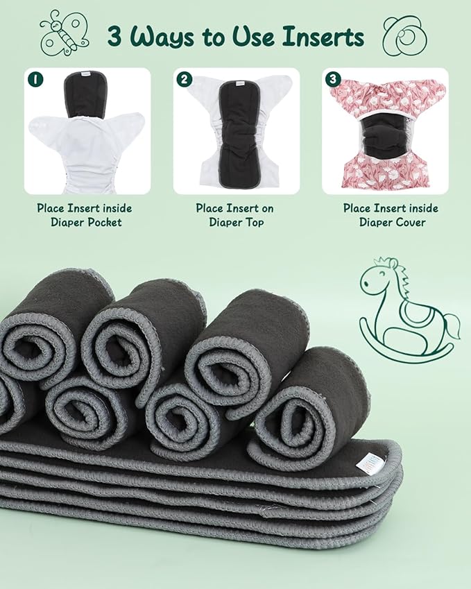 Babygoal Baby Reusable Charcoal Inserts with Double Gussets 12 Pack, 5-Layer Liners for Meduim Cloth Diapers Nappies and Diaper Covers