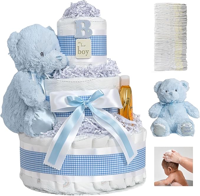 Lil' Baby Cakes Blue Boy Diaper Cake - Makes a Beautiful Boy Baby Gift - Adorable and Practical - Handmade with 42 Swaddler 1 Diapers - Size 10 in x 12 in
