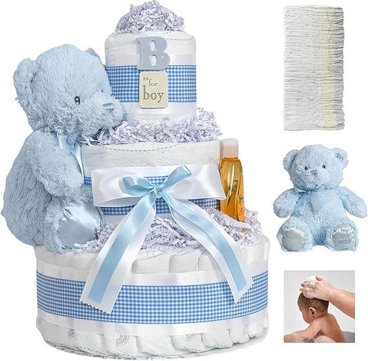 Lil' Baby Cakes Blue Boy Diaper Cake - Makes a Beautiful Boy Baby Gift - Adorable and Practical - Handmade with 42 Swaddler 1 Diapers - Size 10 in x 12 in