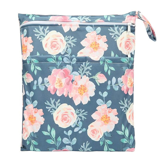 Medium Wet Dry Bag Baby Cloth Diaper Nappy Insert Bag Reusable Washable With Two Zippered Pockets For Girls (Floral)