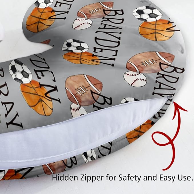 Baby Nursing Pillow Cover - Personalized Name Multi-Ball Theme Breastfeeding U-Shaped for Bottle Feeding, Ultra Soft Comfortable Breastfeeding Pillow Cover for Infant Baby Boys and Girls