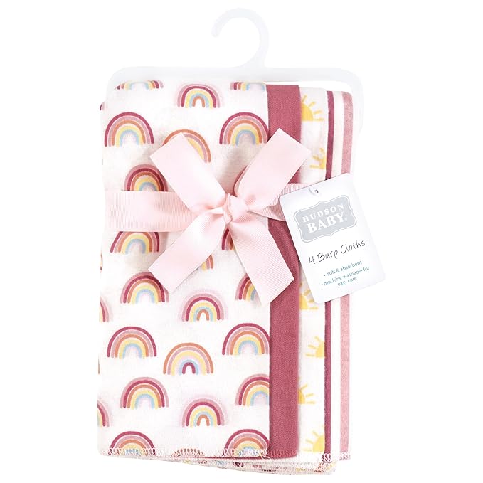 Hudson Baby Unisex Baby Cotton Flannel Burp Cloths 4-Pack, Sunshine and Rainbows, One Size