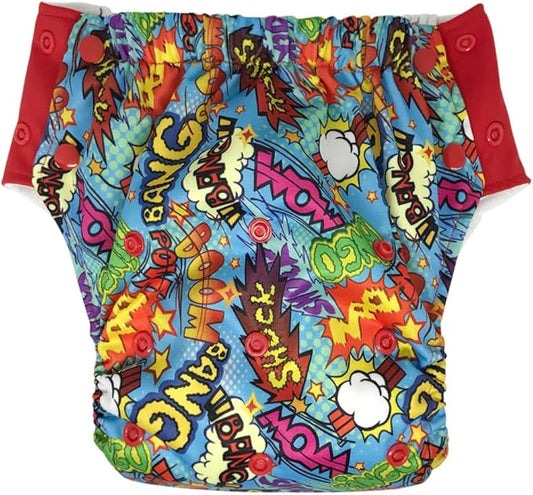 EcoAble Reusable Potty Training Diaper with Insert, Daytime Pull-on Cloth Training Pants for Toddlers and Big Kids (Size 2, Bang Boom Comic)