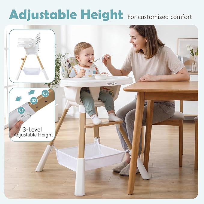 BABY JOY High Chair, 4-in-1 Convertible Highchair for Babies and Toddlers with Adjustable Legs, Double Removable Tray, Storage Basket, 5-Point Safety Harness & Waterproof PU Cushion, Easy to Clean
