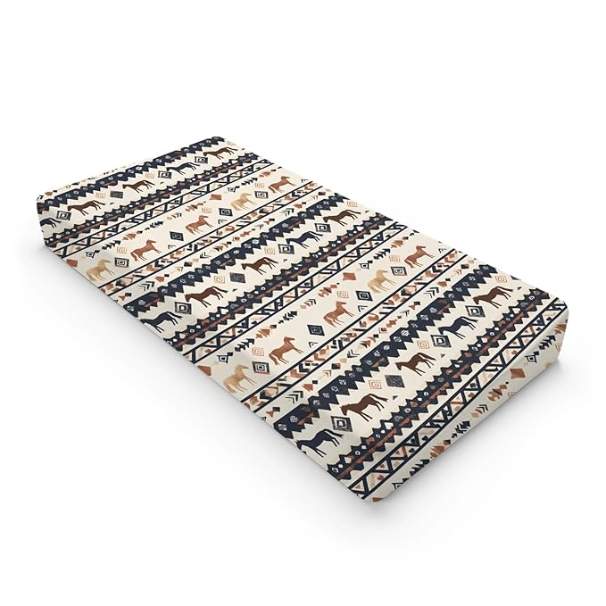 Native American Tribal Horses Geometric Pattern Baby Changing Pad Cover, Unisex Western Nursery Diaper Changing Table Pad Mat Sheet for Boys Girls-16x32
