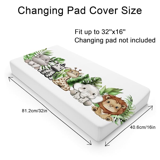 Cute Tropical Jungle Safari Animals Leaves Changing Pad Covers Lion Elephant Giraffe Zebra Hippo Baby Change Table Pad Cover for Boys Girls Soft Stretchy Changing Mat Sheets 32''x16''