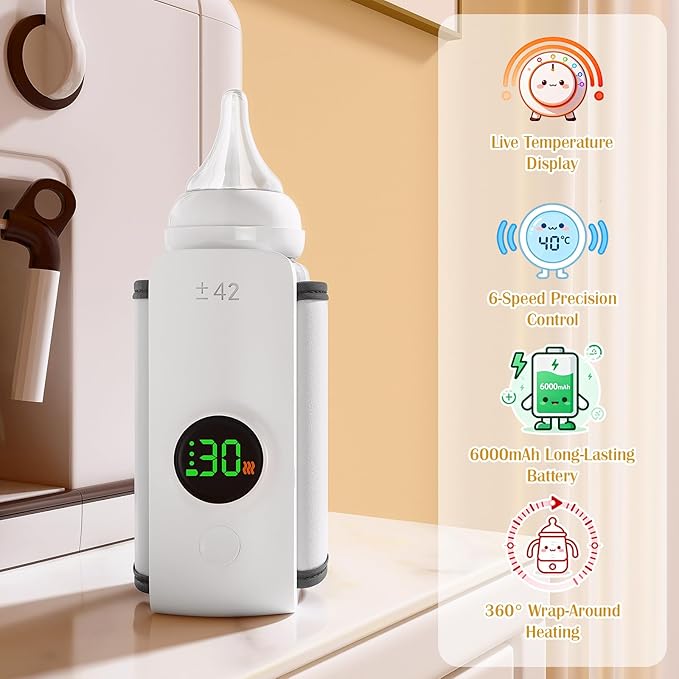 Portable Bottle Warmer with Live Display, 6-Speed Temp Control(37°C to 55°C / 98°F to 131°F), 6000mAh Battery and 360° Heating for Car, Stroller and Outdoor Use