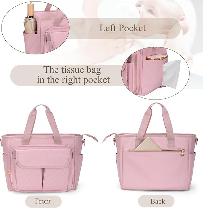 LUXJA Large Wearable Breast Pump Bag with a Waterproof Mat for Wearable Breastfeeding Pump, Carrying Tote Bag with Multiple Pockets for Hands Free Breast Pump and Extra Parts, Pink