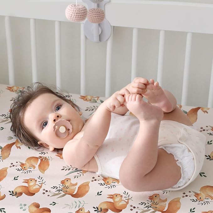 BROLEX Baby Fitted Crib Sheets: Kid Crib Sheets - Set of 2 for Toddler Standard Size Crib Mattress for Boys and Girls - Jersey Knit Crib Bed Sheets Squirrel&Foliage