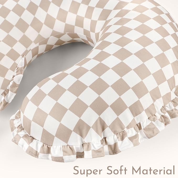 DILIMI Nursing Pillow Cover, Removable Ruffled Pillowcase for Breastfeeding Pillows, Ultra Soft Comfortable Slipcover for Baby Girl and Boy, Coffee Gingham