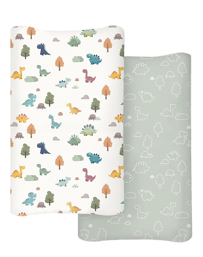 Changing Pad Cover for Baby Boys Girls 2 Pack, Fits Standard 32”×16” Changing Table Pads, Silky Breathable Stretch Knit, Machine Washable (Sage Dino)
