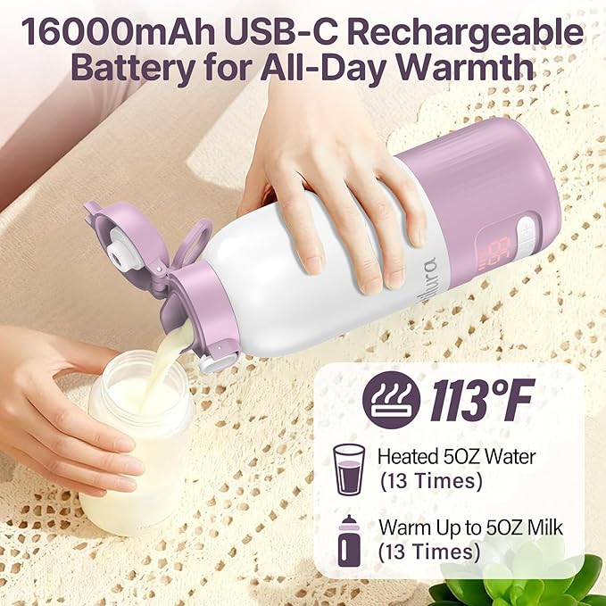 Portable Bottle Warmer for Travel,Fast Heating Milk Warmer On The Go,17 OZ Water Warmer for Breast Milk, Formula,Water,Temp Control 98°F -212°F,Baby Essentials for Outdoor Airplane Car Journey