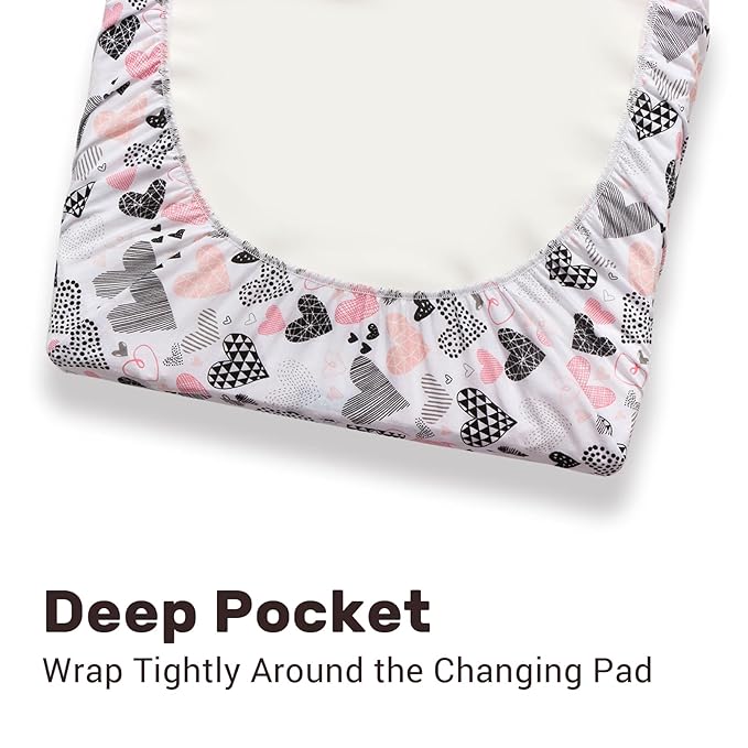 Pack of 2 Changing Pad Cover, 100% Cotton Breathable Changing Table Cover, Ultra Soft Diaper Changing Pad Covers Sheets for Newborns Infant Babies Girls Boys (Pink and Hearts)