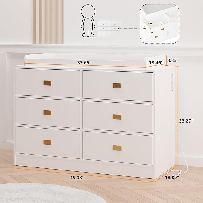 GarveeHome Dresser for Bedroom with 6 Drawers, Changing Table Dresser with Power Outlets, Soft Changing Pad & Removable Top, Baby Dresser with Changing Table Top for Nursery, White