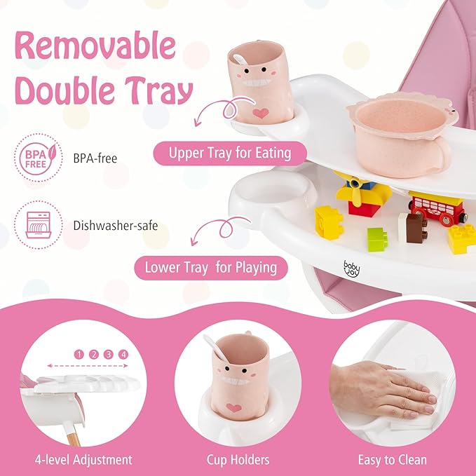 BABY JOY Baby High Chair, Wooden High Chair for Babies & Toddlers with Dishwasher Safe Double Removable Tray, Infant Feeding Chair with 5-Point Safety Harness & Detachable PU Seat Cushion (Pink)