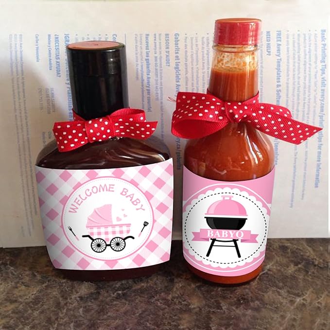 24PCS BBQ Baby Shower Water Bottle Labels, Barbecue Baby Shower Waterproof Self Adhesive Water Bottle Labels for Cookout BBQ Babyq Shower Decorations Girl Pink