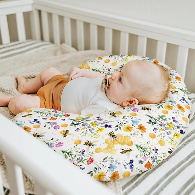 Boho Wildflower Bees Honeycomb Baby Nursing Pillow Covers for Boy Girl Watercolor Honeybee Floral Nursing Slipcovers for Breastfeeding Pillows Summer Soft Stretchy Removable Cover for Newborn Infant