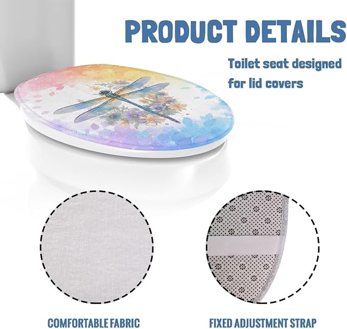 Dragonfly with Flower Toilet Cover Seat Flannel Fabric Bathroom Toilet Dust Covers Elastic Edges Stretch Washable Toilet Lid Covers for Bathroom Covers Stains, Stays Clean, Easy To Clean