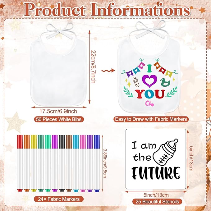 Panitay 100 Pcs DIY Baby Bibs Decorating Kit 50 White Bibs 25 Stencils 24 Markers 1 Baby Shower Game Sign