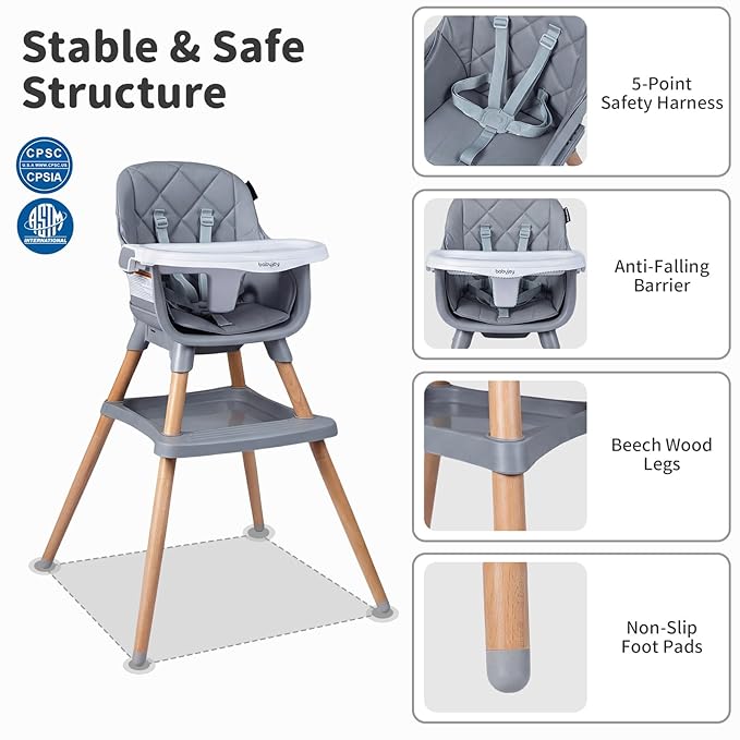 BABY JOY 8-in-1 High Chair, Convertible Wooden Highchairs for Babies and Toddlers | Dining Booster Seat | Toddler Stool, Double Removable Tray, 5-Point Safety Harness & Waterproof PU Cushion (Gray)