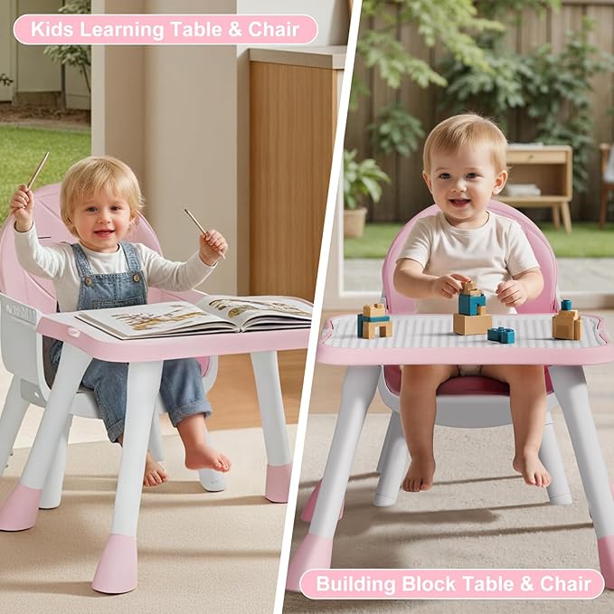 6-in-1 Convertible Baby Highchair, Booster Seat, Toddler Chair & Building Block Table, with Removable Tray, Easy Clean Cushion & 5-Point Harness (Pink)