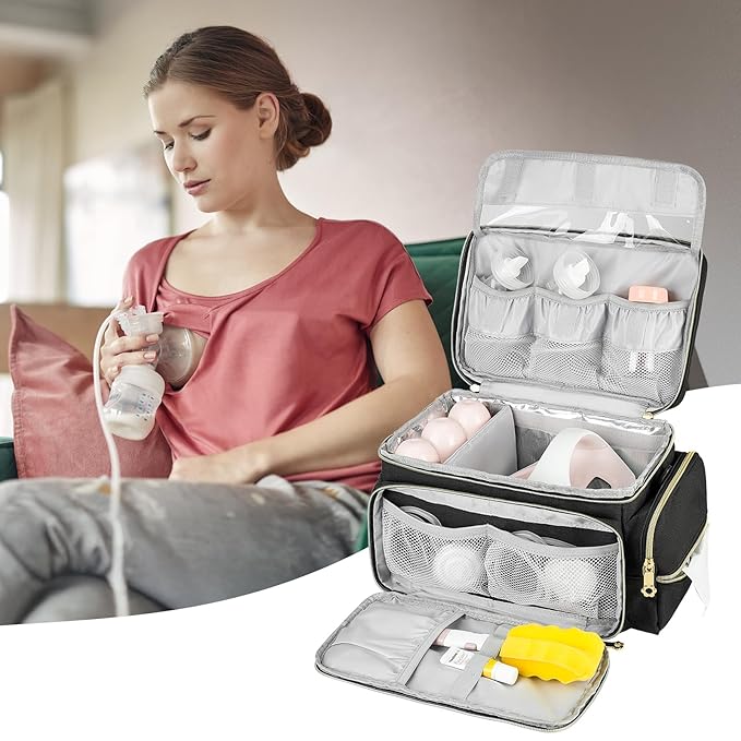 Breast Pump Bag Compatible with Spectra S1 and S2 with Insulated Compartment,Breast Pump Storage Bag with Water Resistant Mat for Pumping Essentials,Black,Bag Only