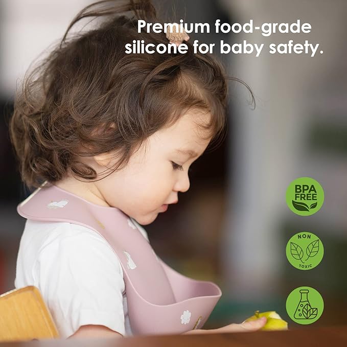 ROCCED Baby Silicone Bibs 2 Sets Baby Bibs with Food Catcher for Girls Boys Toddlers BPA Free Waterproof Soft Adjustable for Babies-Soft Pink/Pale Mauve