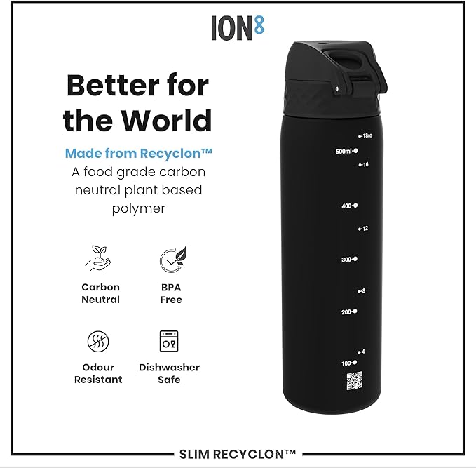 Ion8 Water Bottle, 500 ml/18 oz, Leak Proof, Easy to Open, Secure Lock, Dishwasher Safe, BPA Free, Hygienic Flip Cover, Carry Handle, Fits Cup Holders, Easy Clean, Odor Free, Carbon Neutral, Black