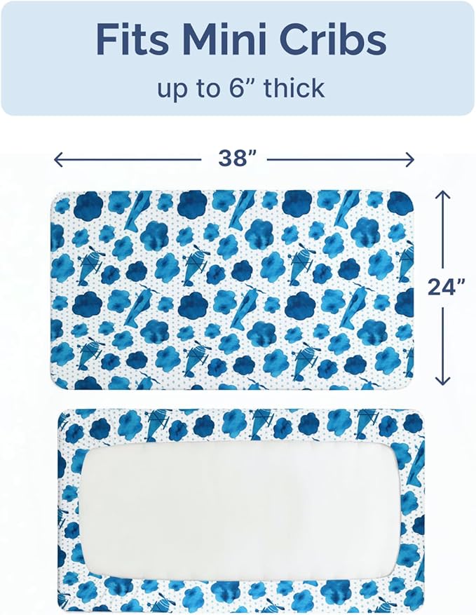 2-Pack Mini Crib Sheets Fitted - Pack N Play Sheets for Pack and Play Mattress - Stretchy Soft Microfiber Playard Bedding - Mini Toddler Bed Cover for Boys & Girls - Oeko-Tex - 38 x 24in, Plane Sky