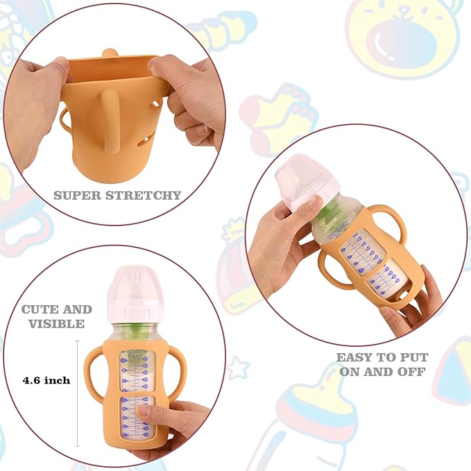 HUAKENER 4 Pack Silicone Sleeves with Handles for Dr Brown Baby Bottles, Anti Breakage Baby Bottle Holder, Compatible Dr Brown Wide-Neck Baby Bottles 9 oz