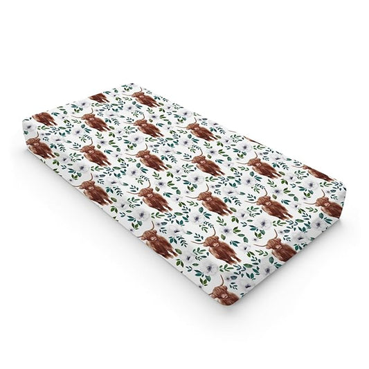Highland Cows White Poppy Changing Pad Cover Cute Yak Boho Floral Diaper Changing Table Cover Sheets for Boys Girls Soft Breathable Stretchy Fitted Changing Table Mats 32''x16''