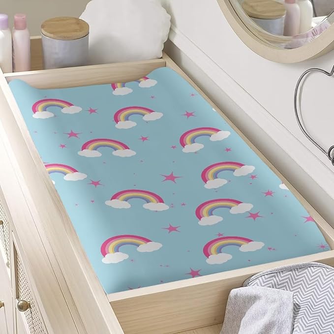 Star Rainbow Changing Pad Cover Soft Diaper Changing Table Cover Breathable Change Pad Sheets for Baby Boys Girls Fits 32'' x 16'' Cute Blue Nursery Change Mats Protector