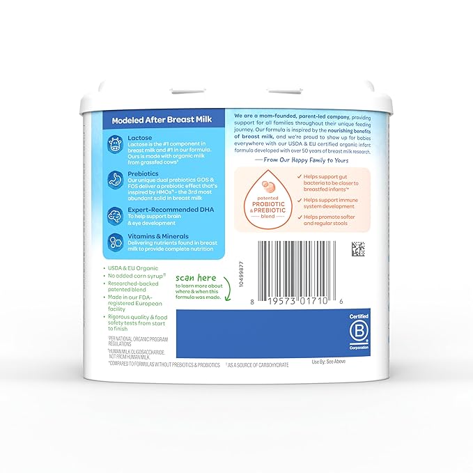 Happy Baby Organics Stage 1 Infant Formula, 0-12 Months, Milk Based Organic Baby Formula Powder with Iron, Probiotics & Prebiotics for Immune & Digestive Support, 14.1 Ounce (Pack of 1)
