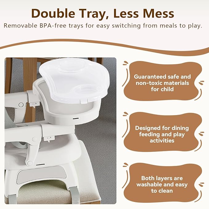 Booster Seat for Kitchen Chair, 3-in-1 Foldable & Portable Booster Seat with Tray, Extra Dishwasher-Safe Tray, Safety Straps for 6–18M (Up to 30 lbs), for Dining Table, Travel & Camping, Gray