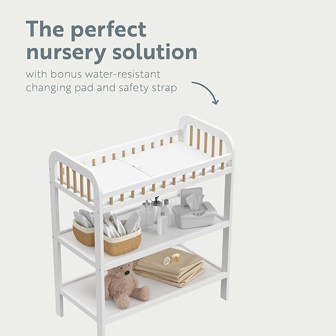 Storkcraft Pasadena Changing Table with Water-Resistant Changing Pad (White with Driftwood) - GREENGUARD Gold Certified, Includes Bonus Water-Resistant Changing Pad with Safety Strap, 2 Open Shelves