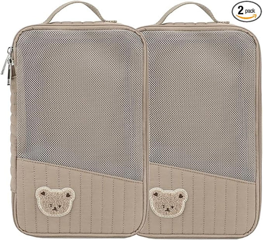 MOMIGO Baby Diaper Bag Organizer Pouches - 2 Pack Waterproof Pod Hanging Diaper Bag Cute Rabbit Bear Mesh Bag Reusable, Washable or Baby Cloth Diapers (Brown)