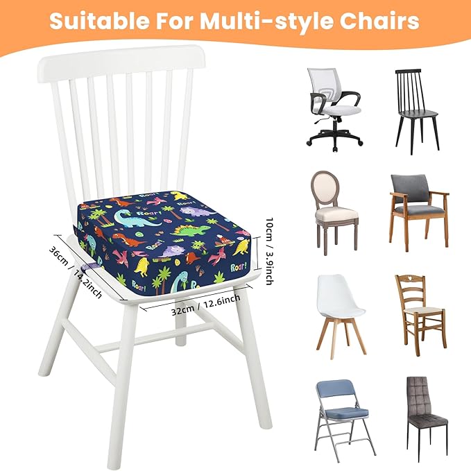 Toddler Booster Seat for Dining Table Kitchen Chair, Kids Booster Seat with Non-Slip Bottom and Adjustable Straps, 4" Detachable Washable Portable Travel Increasing Cushion (Cute Dinosaur)