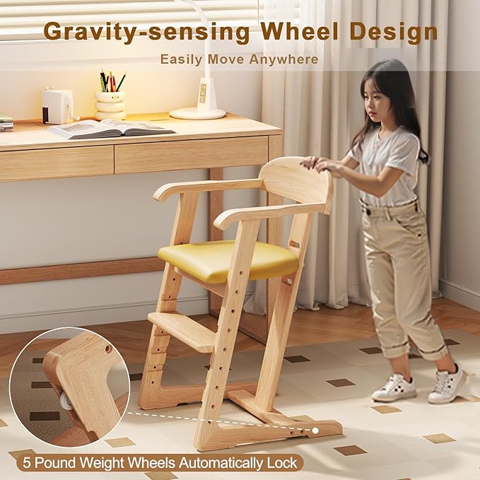 DOMGMUWUJEE Solid Wood Toddler Dining Chair - Adjustable Height Easy to Clean Toddler high Chair - Kids high Chair from 3 Years to 200 Lb, Grow with Child (Natural Yellow)