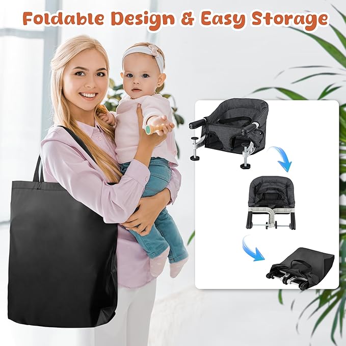 Hook On High Chair, Portable Foldable Clip On Baby Travel High Chair, Lightweight Feeding Seat with Storage Bag, BPA-Free Safety Harness for Home Restaurant (Black)