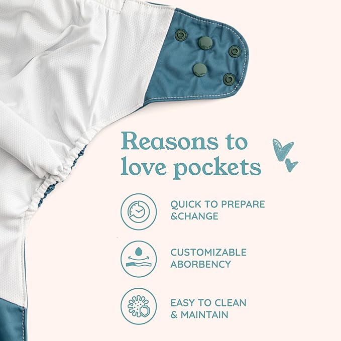Kinder Cloth Diapers Reusable Baby Diapers Pocket Style Athletic Wicking Jersey, Wet Bag, Newborn to Potty Training 7-60lbs, One Size, Inserts NOT Included (Boho Florals, 5 Pack, Without Inserts)