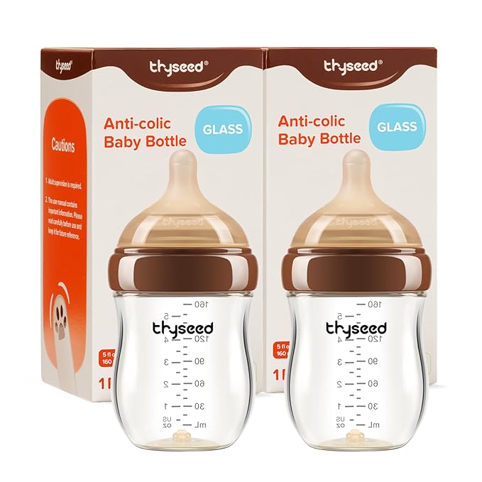 Thyseed Anti-Colic Glass Baby Bottle for Breastfed Infants, Paced Feeding, Breast-Like Newborn Slow Flow Nipple (1m+), 5 oz, 2 Pack